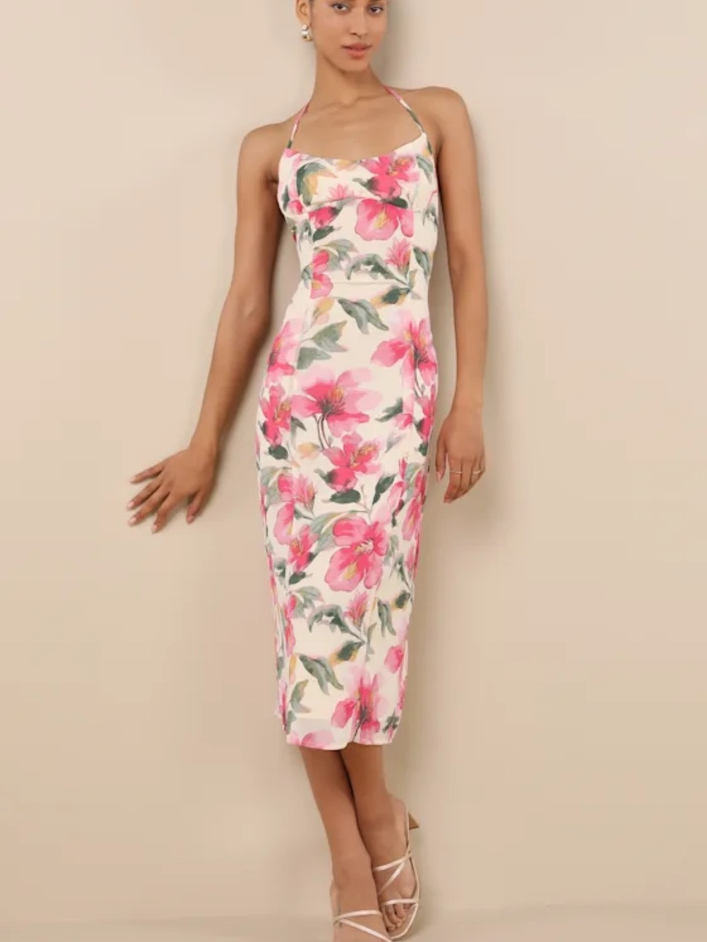 Lulus Harleigh Light Yellow Floral Column Halter Midi Dress